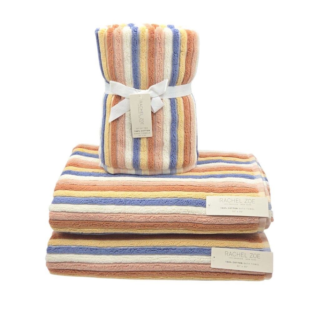 Rachel Zoe 4pc Cotton Bath Hand Towel Set Earthy Neutral Color Stripe Boho Fall